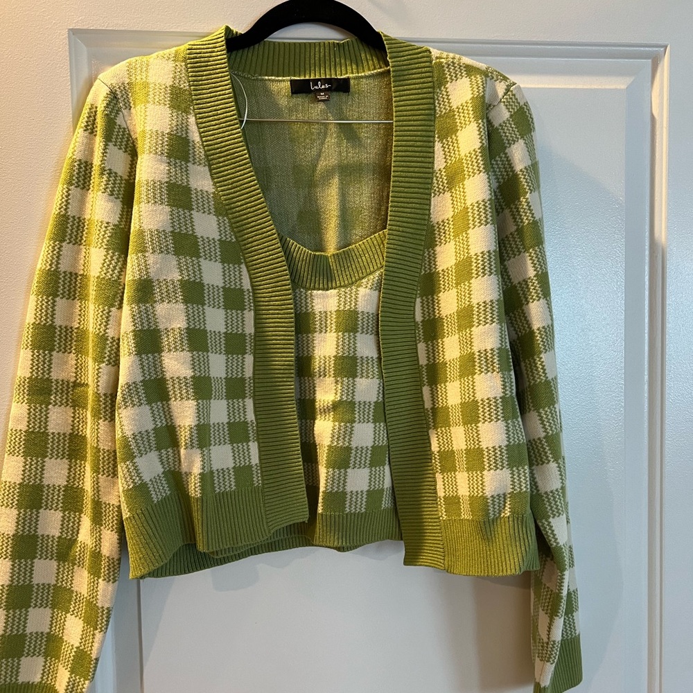 Lulu’s cropped shirt + cardigan set in green plaid